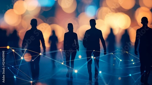 Silhouettes of People Against a Bokeh Background, Networking and Community Connection Concept, Digital Data Overlay, Abstract Social Interaction in 4K