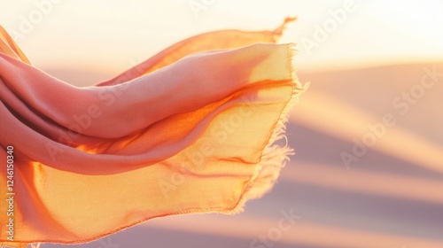 close-up of desert traveler scarf blowing in wind sand dunes stretching beyond golden warm light copy space