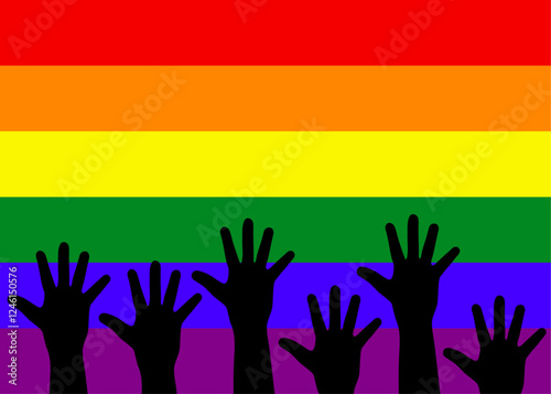 Logo lgbt. Mes del orgullo. Banner con grupo de manos alzadas con la bandera arcoiris de fondo