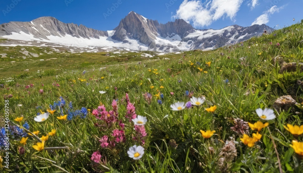 Obraz premium Alpine Meadow with Wildflowers and Snow-Capped Mountains