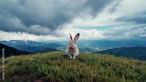 Close-up of a serene rabbit sitting in a lush green meadow with mountains in the background. Natures beauty captured in 4K, perfect for wildlife enthusiasts.