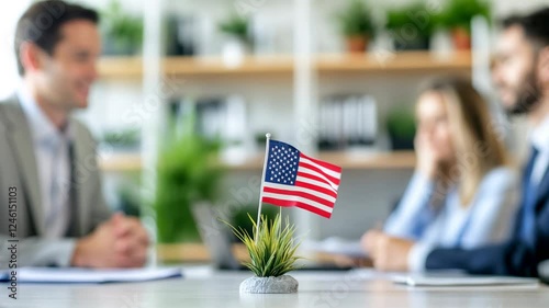 Close-up of American flag on desk during corporate meeting. Business professionals discussing strategies in modern office. Focus on patriotism and teamwork.