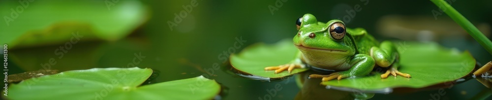 Fototapeta premium Green frog rests on a water lily, surrounded by pond weeds , tranquil, weeds, isolated