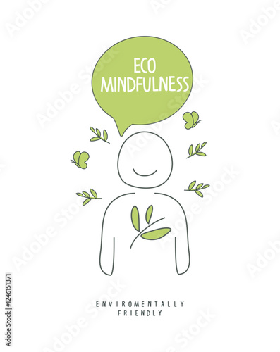 Vector cartoon sketch of humanwith green leaves. Environmentally friendly planet concept. Think Green. Eco mindfulness Сoncept.	
