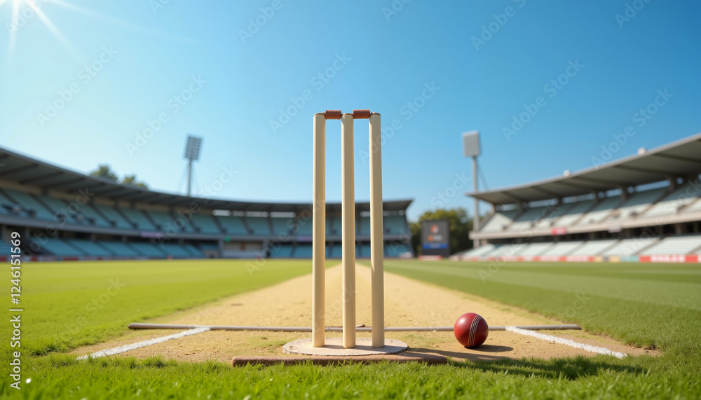 Pristine cricket wickets stand under bright blue sky, sports symbolism Pristine cricket wickets stand under bright blue sky, sports symbolism