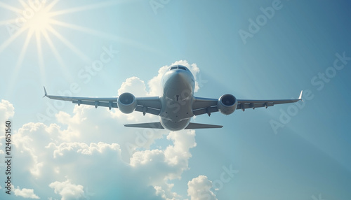 Commercial airplane soaring in bright sky, adventure and travel