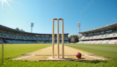 Pristine cricket wickets stand under bright blue sky, sports symbolism