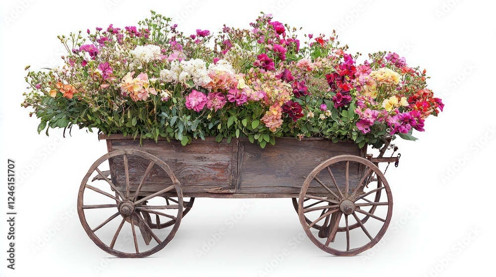 Wooden Wagon Overflowing With Colorful Flowers Wooden Wagon Overflowing With Colorful Flowers