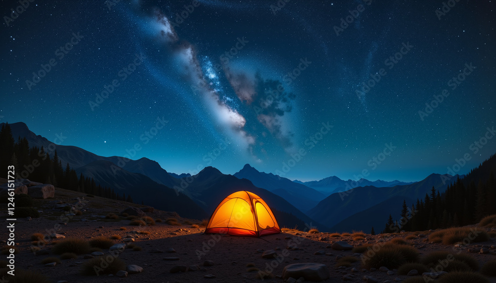 Tent glowing under starry sky in remote mountains, peaceful adventure