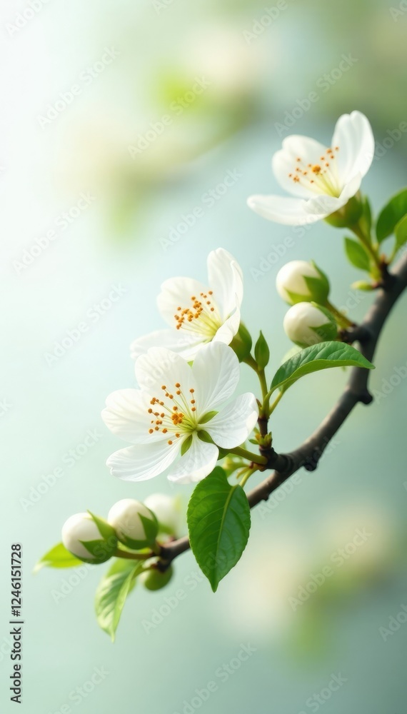Fototapeta premium Delicate white flowers on a macadamia tree branch, tree, evergreen, white