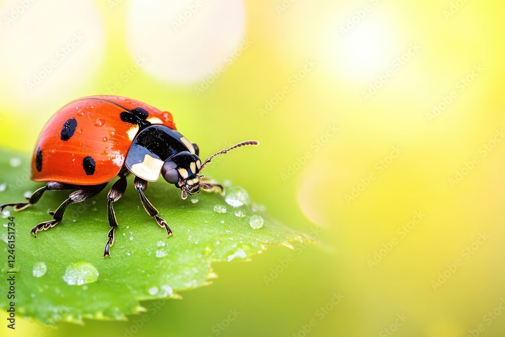 Fototapeta premium detailed view of ladybug resting on fresh green leaf tiny water droplets reflecting morning sunlight blurred organic