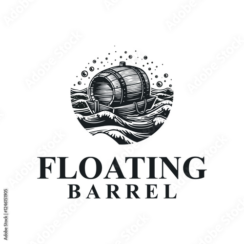 Floating Wooden Cask on the sea waves. Old Rustic Beer Barrels Adrift in the Ocean for Vintage Bar Pub or Brewing Brewery logo design