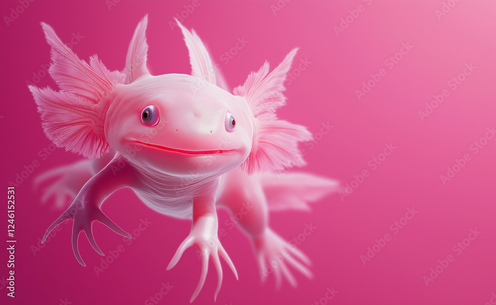 A cute pink axolotl with feathery gills and a cheerful expression swimming against a vibrant pink background. A cute pink axolotl with feathery gills and a cheerful expression swimming against a vibrant pink background.