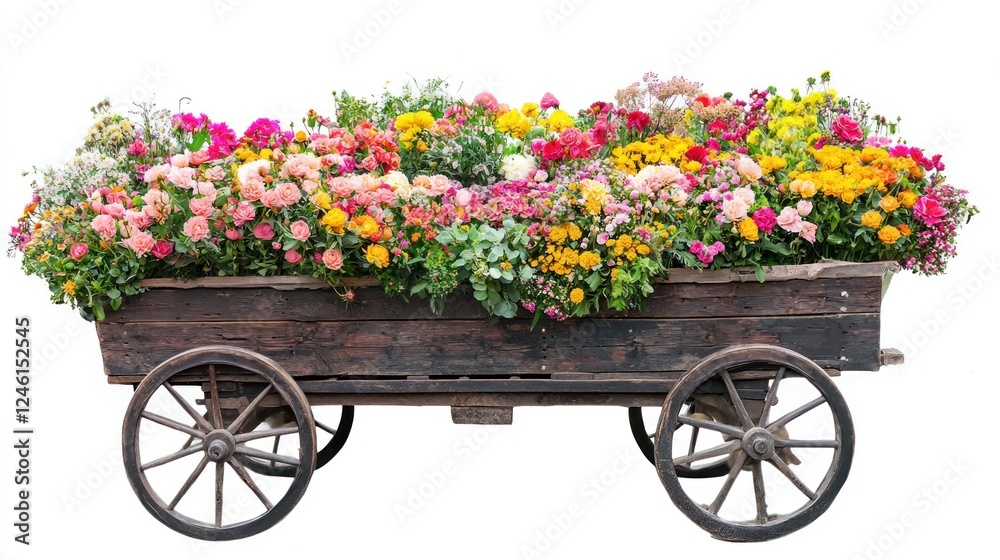 Colorful Flowers Overflowing Rustic Wooden Cart Colorful Flowers Overflowing Rustic Wooden Cart