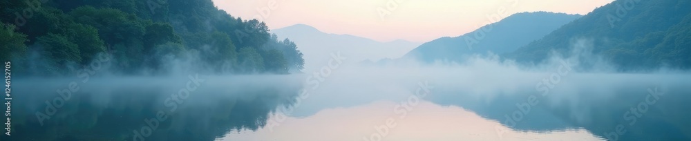 Fototapeta premium Misty veil rises from a tranquil body of water, hazy, peaceful