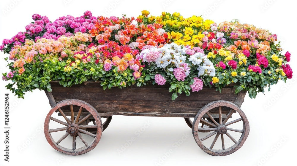 Colorful Flowers Overflowing Wooden Cart Colorful Flowers Overflowing Wooden Cart