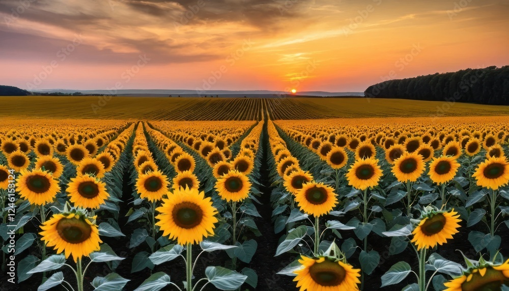 Obraz premium Sunset Over a Vast Sunflower Field