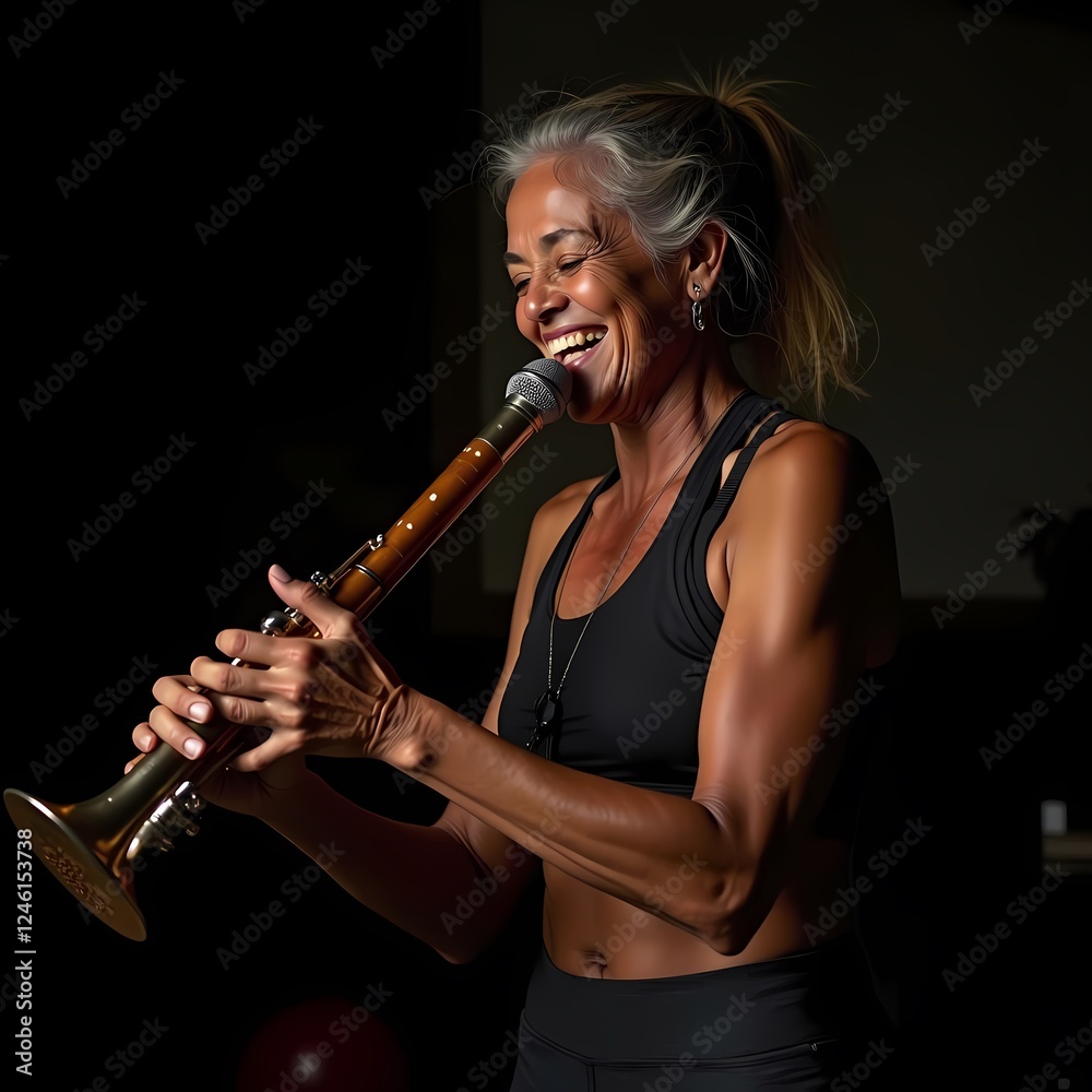 Radiant Pacific Islander Senior Playing Musical Instrument in Dramatic Indoor Setting Radiant Pacific Islander Senior Playing Musical Instrument in Dramatic Indoor Setting