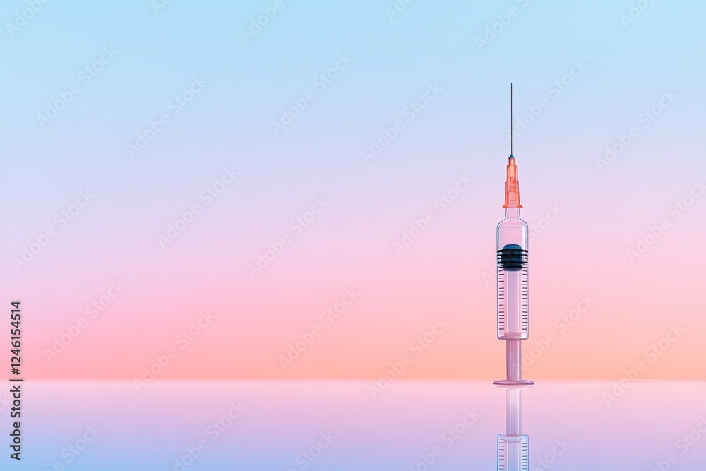 minimalistic close-up of single vaccine syringe standing upright on reflective glass surface with soft lighting and minimalistic close-up of single vaccine syringe standing upright on reflective glass surface with soft lighting and