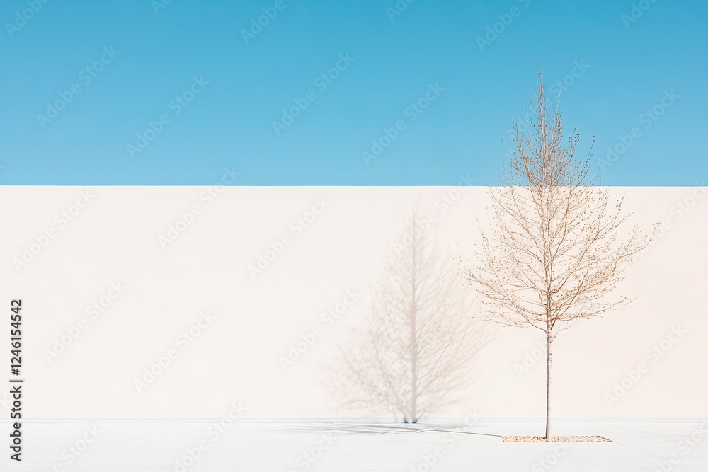 Fototapeta premium minimalistic concept of cloning depicting single tree casting two identical symmetrical shadows on ground subtly emphasizing