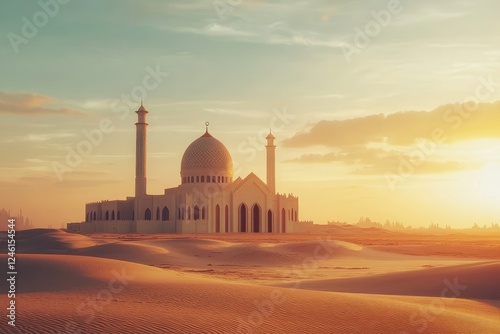 Desert mosque sunset landscape, Arabian dunes, peaceful scene, travel brochure photo