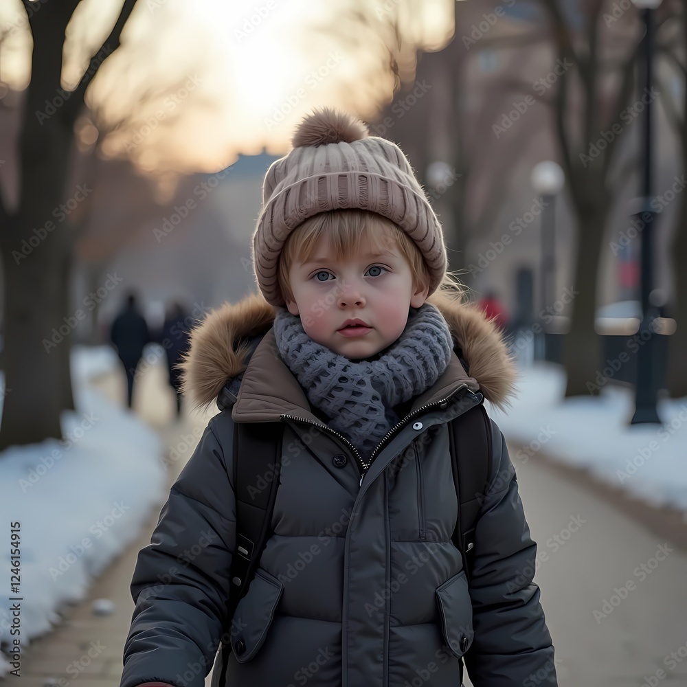 Contemplative Non-Binary Child Enjoying Winter Evening Stroll in Modern Park Contemplative Non-Binary Child Enjoying Winter Evening Stroll in Modern Park