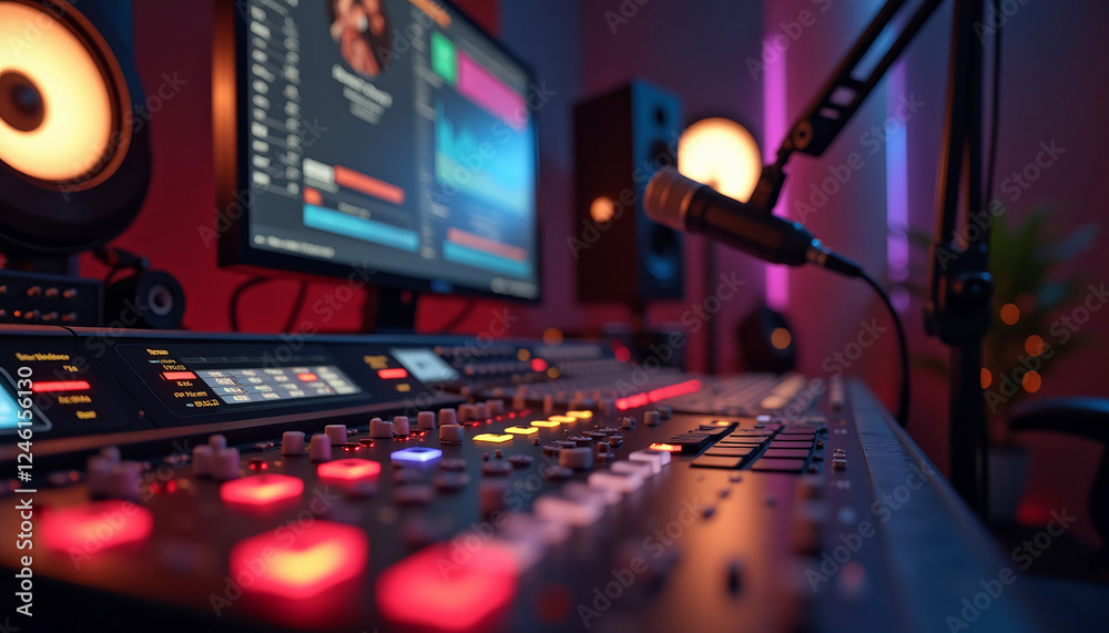 Close-up of audio mixing console and microphone in radio presenter’s workspace with modern studio interior