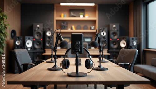 Radio presenter’s workspace with microphones and headphones in modern studio interior