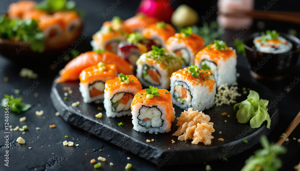Delicious Salmon Sushi Rolls on Dark Slate Board