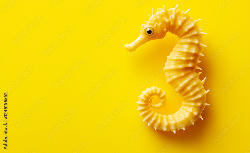 Fototapeta premium A yellow seahorse with a delicate texture isolated against a bright yellow background.