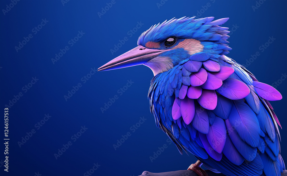 Fototapeta premium A striking blue kingfisher with sharp features and intricate feathers against a deep blue background.