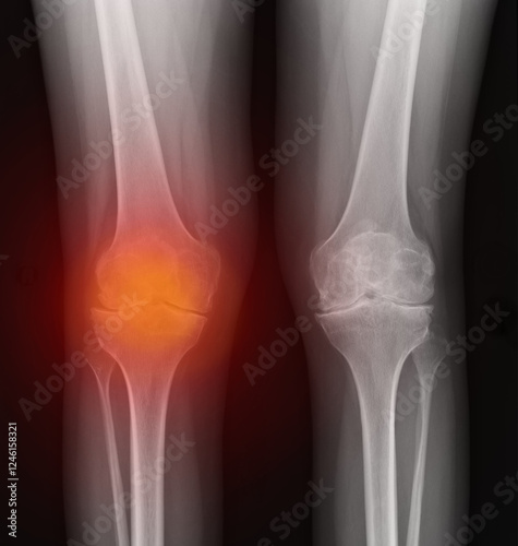 Real skeleton X-ray of knee joint with osteoporosis and inflammation suffering from rheumatism. Rheumatoid arthritis medical concept, diagnostics traumatology and orthopedics