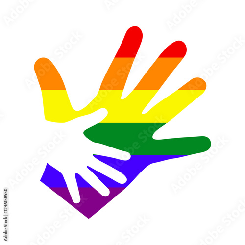 Logo lgbt. Mes del orgullo. Silueta mano de niño en espacio negativo en mano de adulto con los colores de la bandera arcoiris