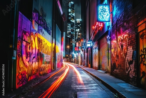Night city alley, graffiti art, light trails, urban background, travel poster