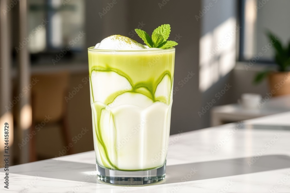 Matcha Latte with Whipped Cream in Glass Matcha Latte with Whipped Cream in Glass