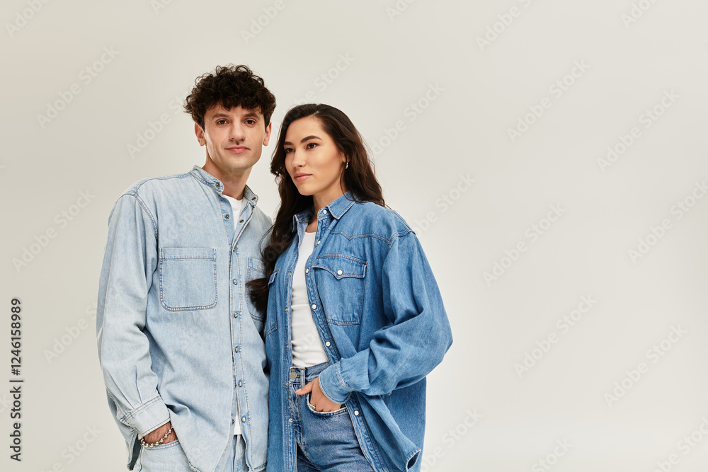 Stylish young couple showcasing modern denim fashion in a minimalistic studio setting Stylish young couple showcasing modern denim fashion in a minimalistic studio setting