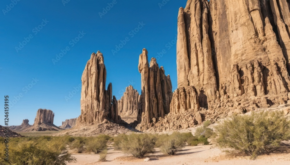 Desert Landscape with Towering Rock Formations Desert Landscape with Towering Rock Formations