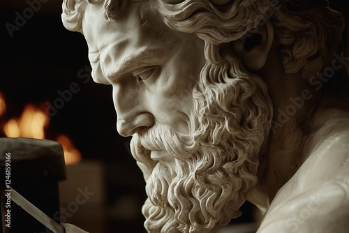 Close up mighty god of fire and blacksmithing Hephaestus. Fragment of an antique marble statue. Ancient Roman and Greek mythology. photo