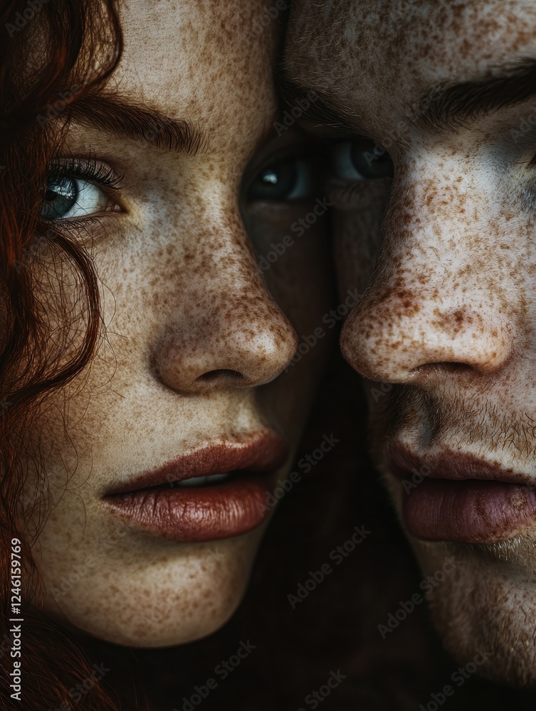Close-up portrait of two freckled individuals. Close-up portrait of two freckled individuals.