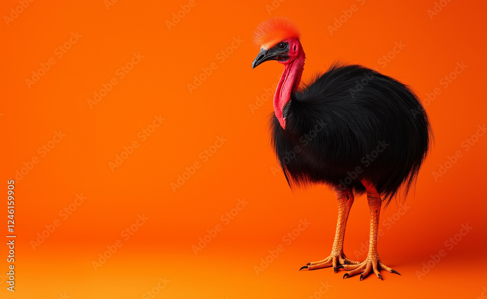 Obraz premium A close-up portrait of a cassowary with a vibrant red crest and intense blue face against an orange background.