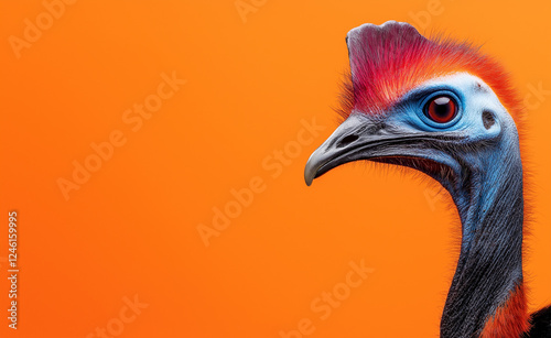 A close-up portrait of a cassowary with a vibrant red crest and intense blue face against an orange background. photo