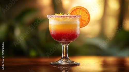 A colorful layered mocktail with red, orange, and yellow hues served in a stemmed glass, topped with a slice of orange and a sugared rim, set against a tropical sunset backdrop.