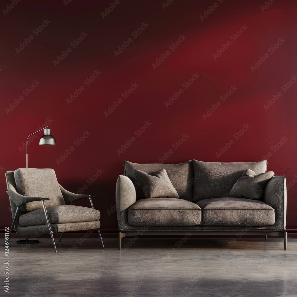 A modern living room with a burgundy wall. grey sofa. and armchair A modern living room with a burgundy wall. grey sofa. and armchair