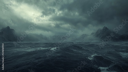 North Sea coast in a storm with dark waves and a dramatic sky