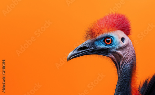 A striking cassowary with a bright red crest and intense gaze against a vivid orange background. photo