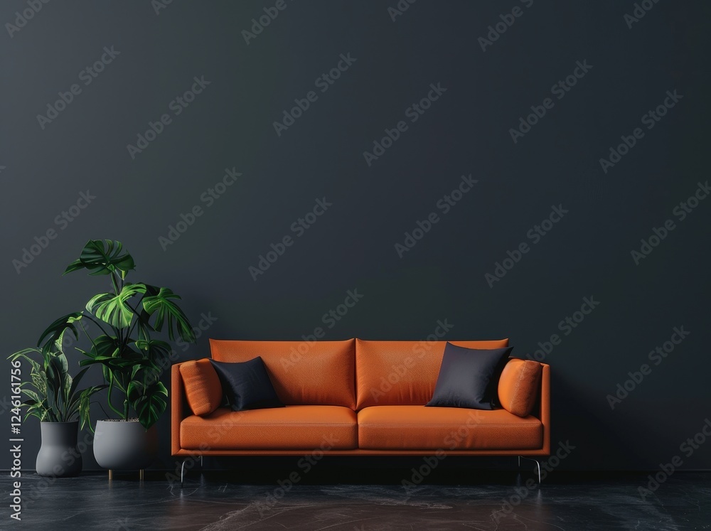 Minimalist living room with an orange sofa. two plants. and a black wall