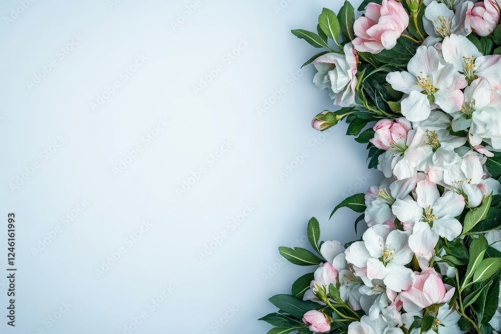 Fototapeta premium Spring blossoms border, pastel background, blank space, floral design