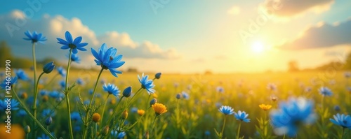 Blue and gold flowers in a field with a sunny sky, sun, gold