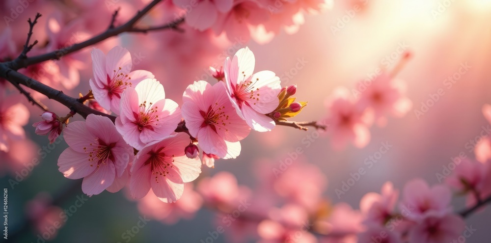 Obraz premium Dappled sunlight filtering through cherry blossom branches, filter, branches