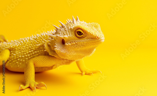 A yellow spiky bearded dragon with textured skin and sharp details against a bold yellow background. photo